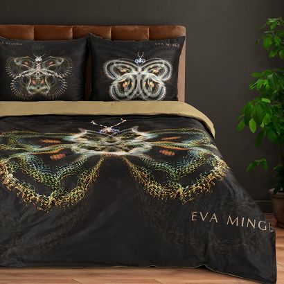 Pościel satynowa EVA 160x200 Eva Minge Eurofirany czarna złota barwne motyle