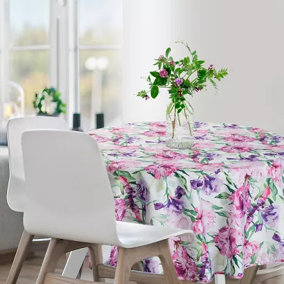 Obrus dekoracyjny wodoodporny okrągły GARDEN 150x150 Eurofirany różowy w subtelny nadruk kwiatów