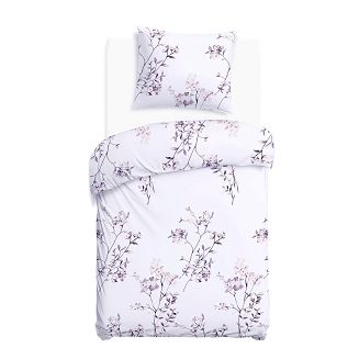 Pościel bawełniana COTTONLOVE 140x200 biała w fioletowe liście i kwiaty