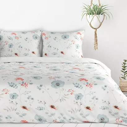 Pościel INES 220x200 Design91 biała błękitna w łąkowe kwiaty