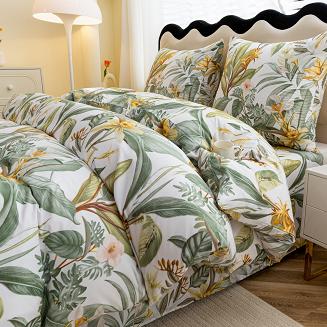 Komplet pościeli dwustronnej 160x200 biała botaniczny ogród tropikalne kwiaty liście
