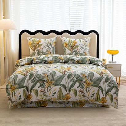 Komplet pościeli dwustronnej 160x200 biała botaniczny ogród tropikalne kwiaty liście