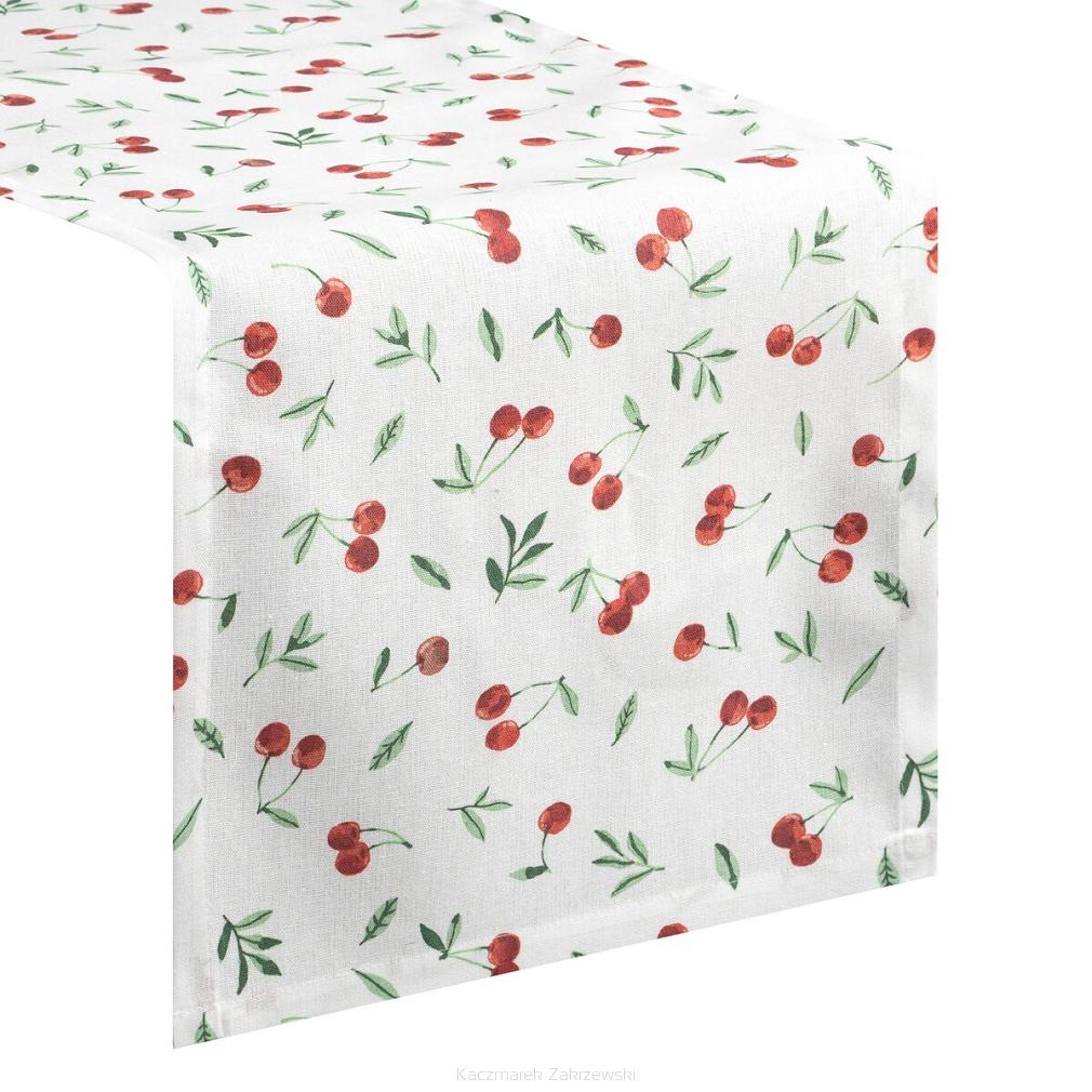 Bieżnik dekoracyjny wodoodporny CHERRY 40x140 Eurofirany biały w czerwone wiśnie