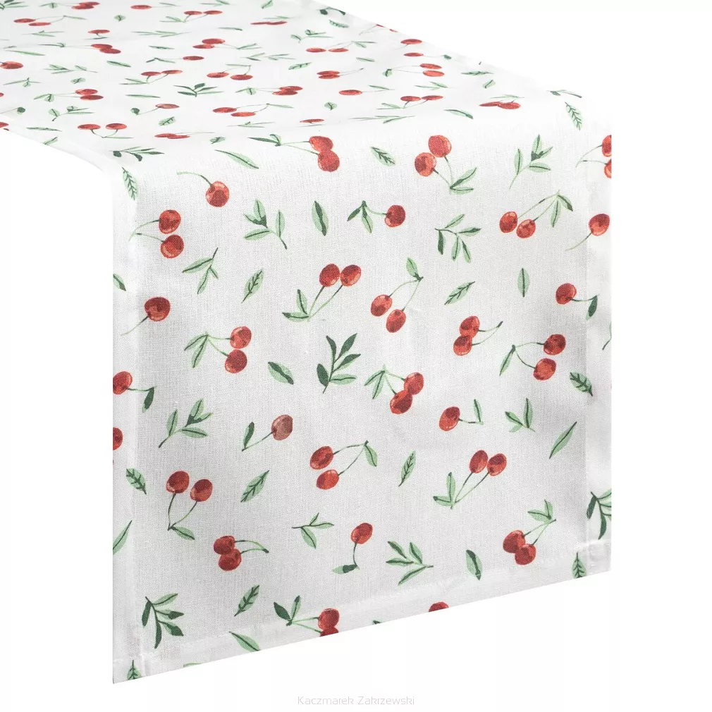 Bieżnik dekoracyjny wodoodporny CHERRY 40x140 Eurofirany biały w czerwone wiśnie