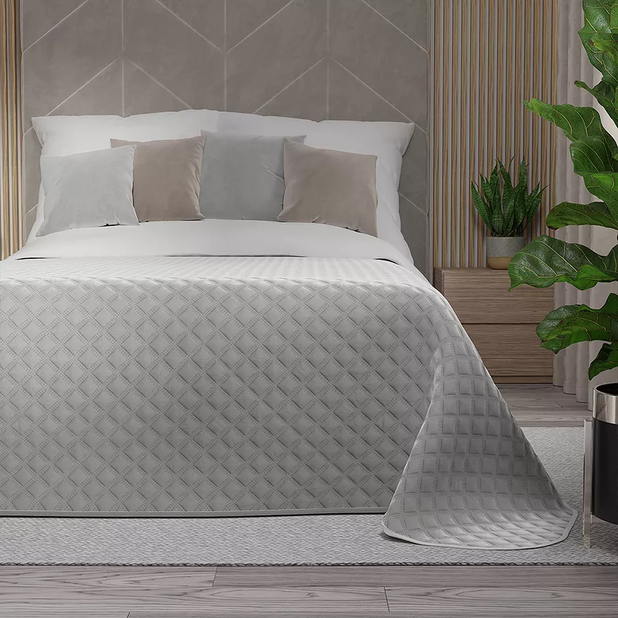 Narzuta dekoracyjna VELVI 170x210 pikowana w geometryczny wzór pastelowy szary