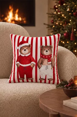 Poszewka dekoracyjna świąteczna  PYJAMA BEARS 45x45 biała czerwona pionowe pasy misie w piżamkach