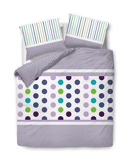 Pościel bawełniana 220x200 COTTONLOVE biała fioletowa kroki paski