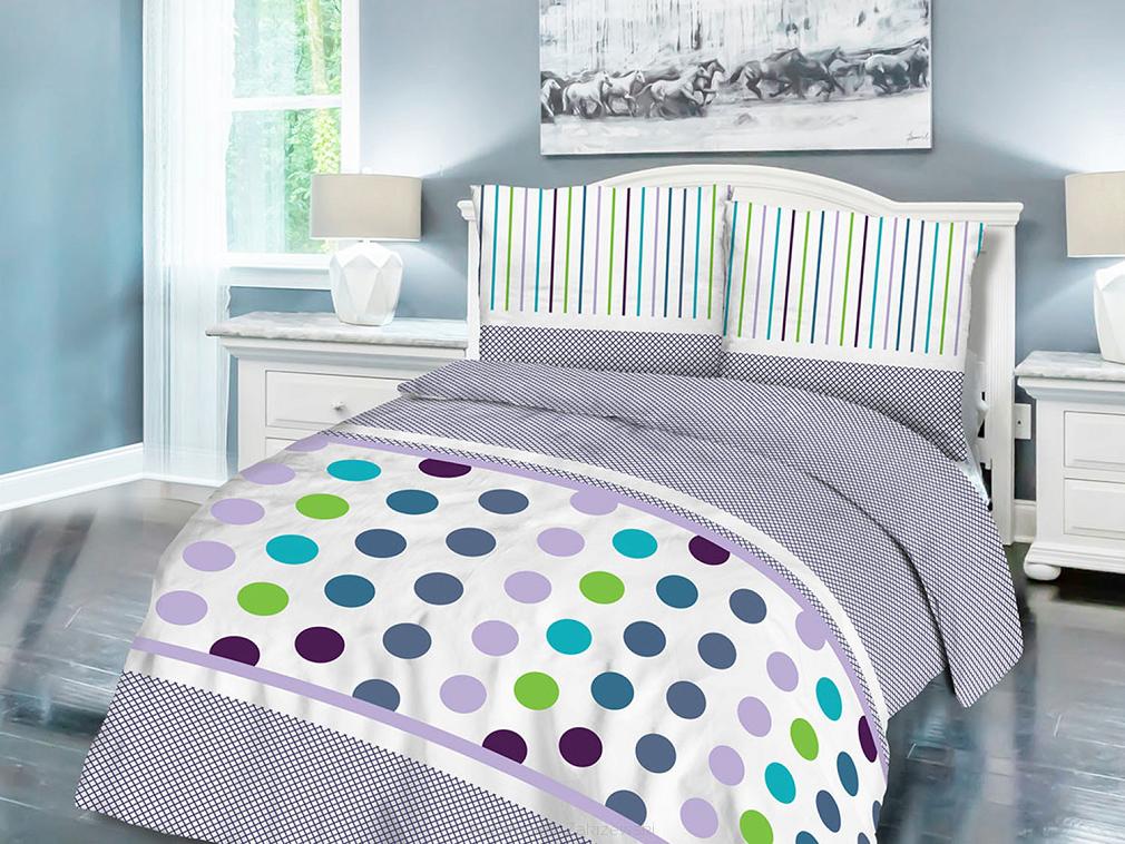 Pościel bawełniana 220x200 COTTONLOVE biała fioletowa kroki paski