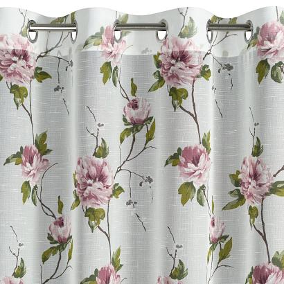 Zasłona gotowa na przelotkach RUTH 135x250 Eurofirany z etaminy biała różowa w kwiaty