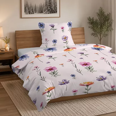 Pościel flanelowa 140x200 jasnoróżowa w kolorowe polne kwiatki