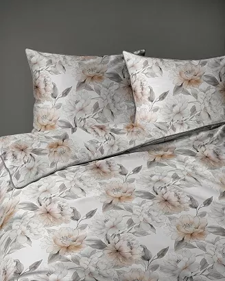 Pościel z perkalu Lamé Percale 160x200 biała w beżowe kwiaty ozdobna lamówka biza