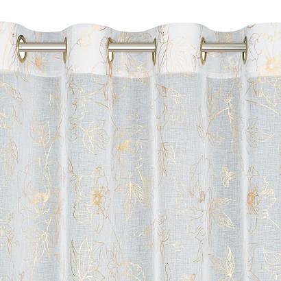 Firana gotowa na przelotkach BELLE 140x250 Eurofirany biała błyszczący złoty nadruk w kwiaty