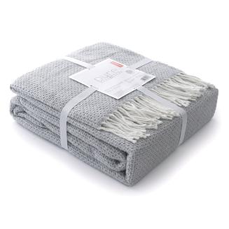 Koc bawełniano-akrylowy PURE 150x200 jasnoszary jacquard gofrowy wzór z frędzlami