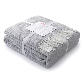 Koc bawełniano-akrylowy PURE 150x200 jasnoszary jacquard gofrowy wzór z frędzlami
