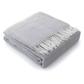 Koc bawełniano-akrylowy PURE 150x200 jasnoszary jacquard gofrowy wzór z frędzlami
