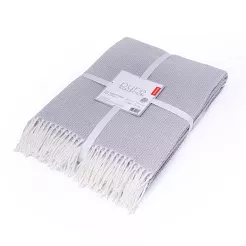 Koc bawełniano-akrylowy PURE 150x200 jasnoszary jacquard gofrowy wzór z frędzlami