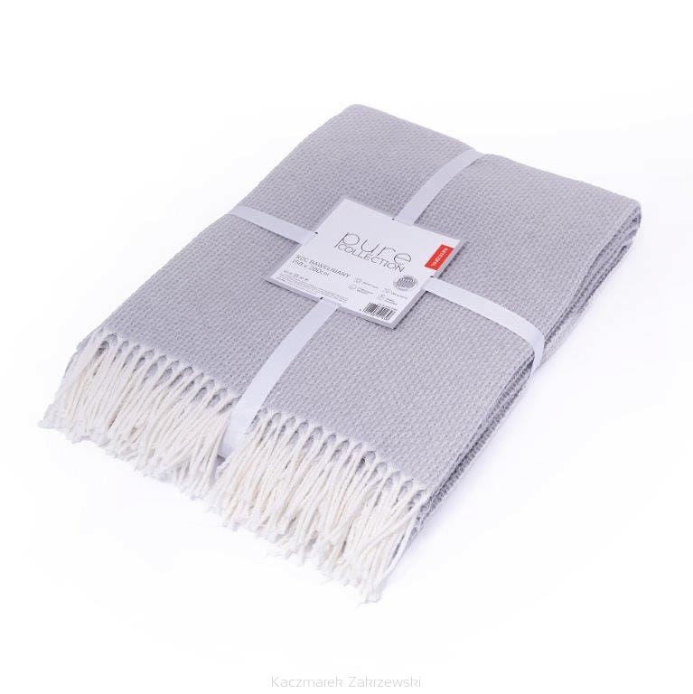 Koc bawełniano-akrylowy PURE 150x200 jasnoszary jacquard gofrowy wzór z frędzlami