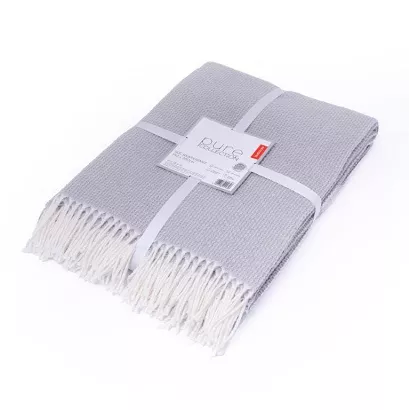Koc bawełniano-akrylowy PURE 150x200 jasnoszary jacquard gofrowy wzór z frędzlami