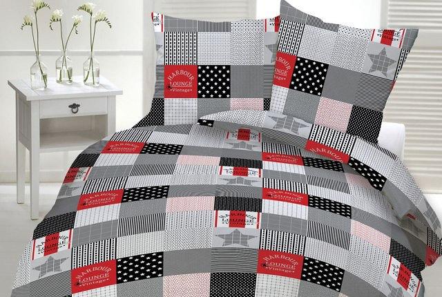 Pościel z kory 160x200 wzór krata szaro-czerwona K247