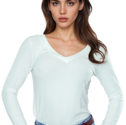 Koszulka damska z długim rękawem z prążkowanej wiskozy Eleonor ecru