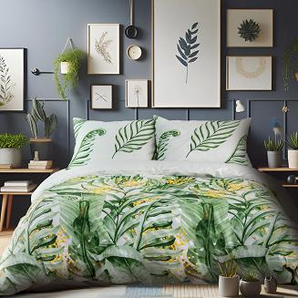 Pościel satyna bawełniana SATYNLOVE 140x200 biała zielona duże egzotyczne liście