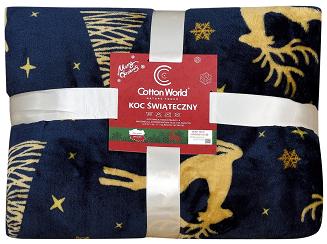 Koc polarowy świąteczny 220x200 granatowy złote renifery