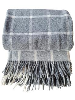 Koc wełniany z frędzlami 160x200 kratka ekri grafitowa