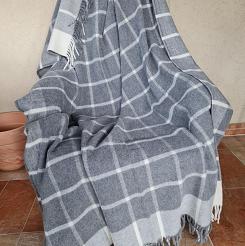Koc wełniany z frędzlami 160x200 kratka ekri grafitowa