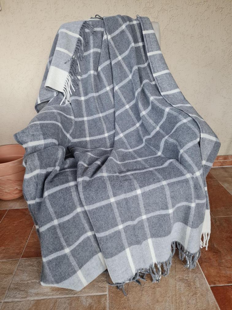 Koc wełniany z frędzlami 160x200 kratka ekri grafitowa