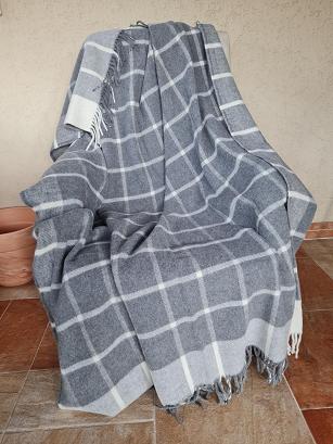 Koc wełniany z frędzlami 160x200 kratka ekri grafitowa