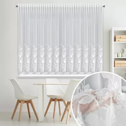 Firana gotowa na taśmie ROSIE2 350x150 Eva Minge biała haftowane róże z aplikacją 3D