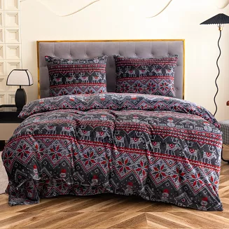 Pościel polarowa XmasCozy 140x200 welur świąteczna grafitowa czerwona skandynawski wzór renifery