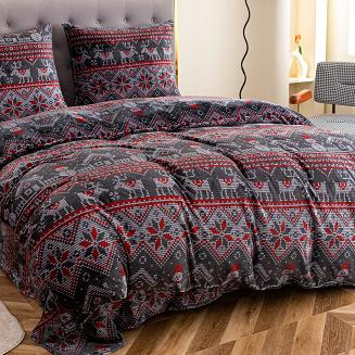 Pościel polarowa XmasCozy 140x200 welur świąteczna grafitowa czerwona skandynawski wzór renifery