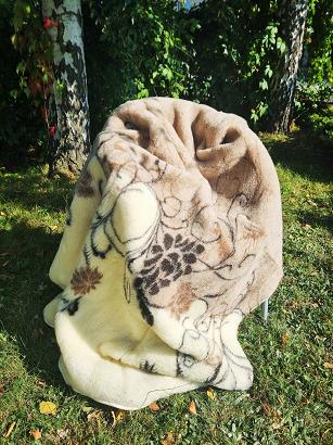 Koc wełniany żakardowy 155x200 kremowy beżowy brązowy kwiaty zawijasy