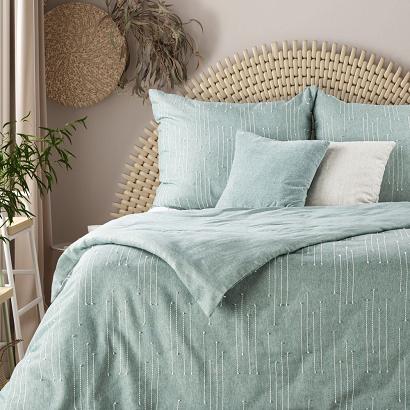 Pościel bawełniana MONTE-8 Terra Collection 200x220 Eurofirany jasnozielona z ozdobnymi przeszyciami