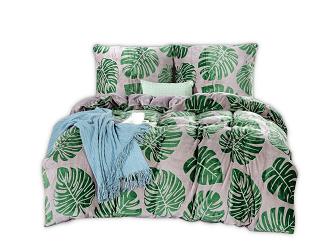 Pościel polarowa z prześcieradłem tłoczona 200x220 welur szara zielona liście monstery