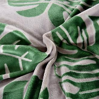 Pościel polarowa z prześcieradłem tłoczona 200x220 welur szara zielona liście monstery