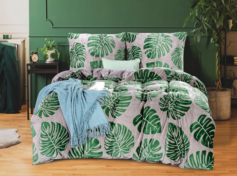 Pościel polarowa z prześcieradłem tłoczona 200x220 welur szara zielona liście monstery