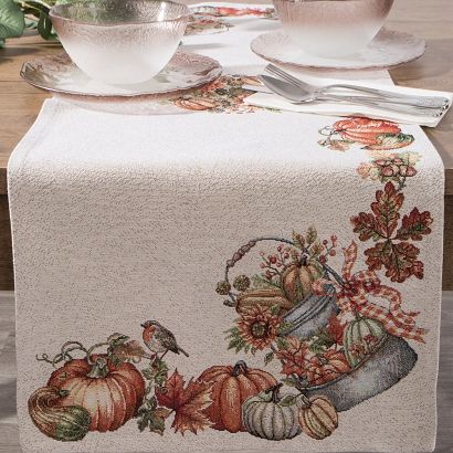 Bieżnik obrus dekoracyjny gobelin 45x140 Eurofirany naturalny pomarańczowy dynie jesień