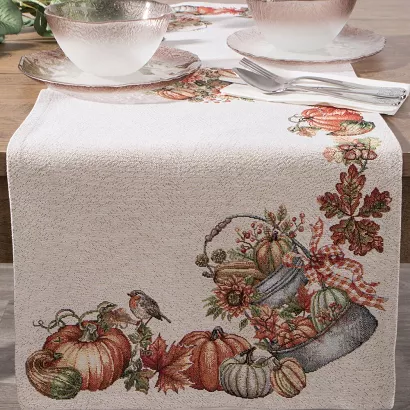 Bieżnik obrus dekoracyjny gobelin 45x140 Eurofirany naturalny pomarańczowy dynie jesień