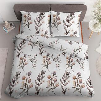 Pościel satynowa 200x220 biała pudrowa brązowa polne kwiaty