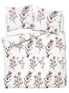 Pościel satynowa 200x220 biała pudrowa brązowa polne kwiaty