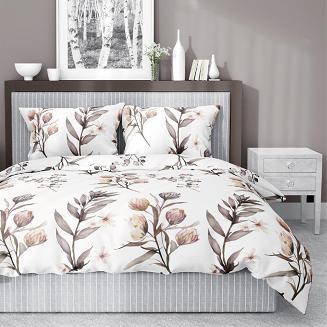 Pościel satynowa 200x220 biała pudrowa brązowa polne kwiaty