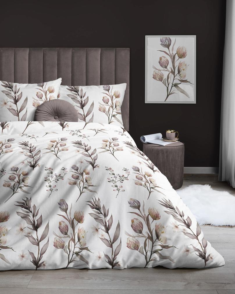 Pościel satynowa 200x220 biała pudrowa brązowa polne kwiaty