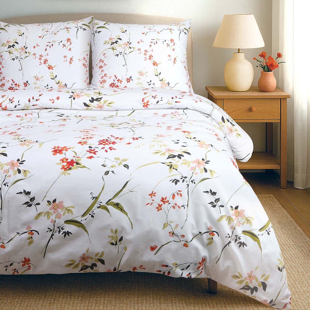 Pościel bawełniana COTTONLOVE 220x200 biała w kolorowe kwiaty