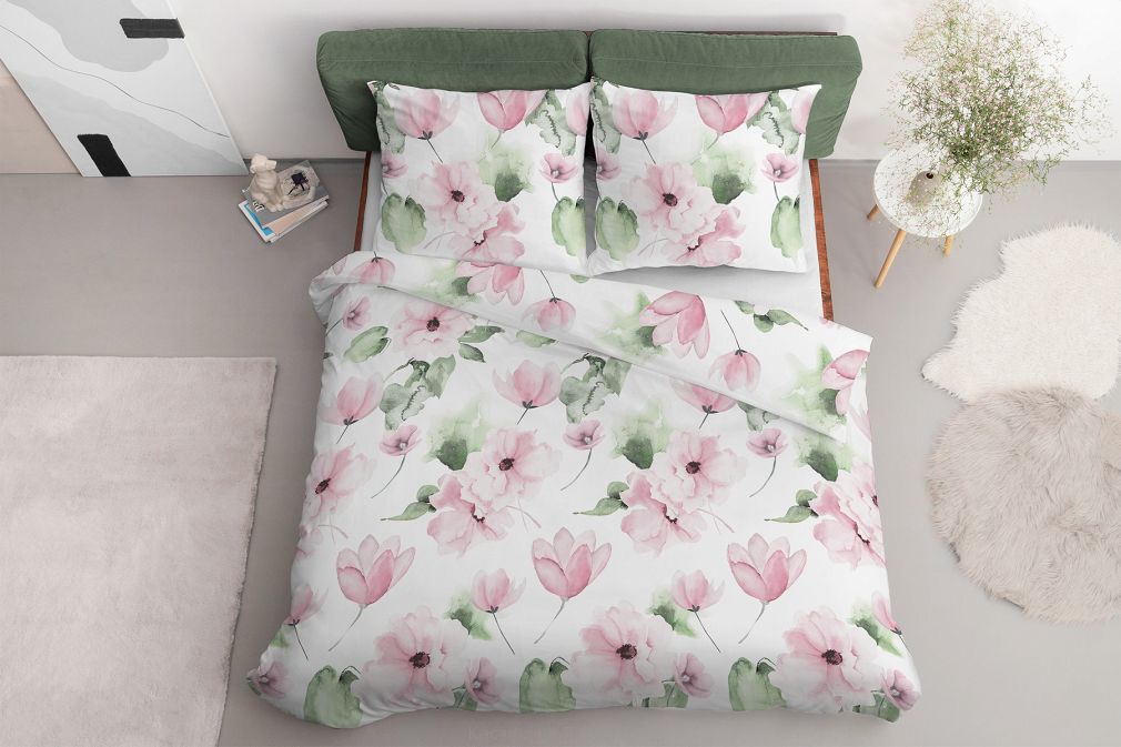 Pościel satynowa 160x200 Home Satin kwiaty na białym tle