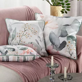 Poszewka dekoracyjna z wypełnieniem JULIET 45x30 Eurofirany biała zielona botaniczny nadruk liście kwiaty pasy