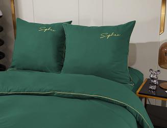 Pościel 160x200 butelkowa złoty haft satynowa lamówka