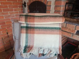 Koc wełniany z frędzlami Krzyś II 160x200 kratka ekri zielony rudy