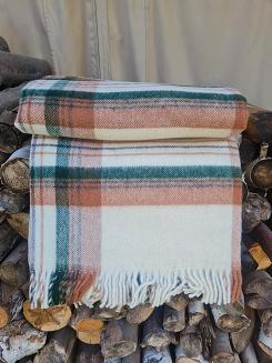 Koc wełniany z frędzlami Krzyś II 160x200 kratka ekri zielony rudy